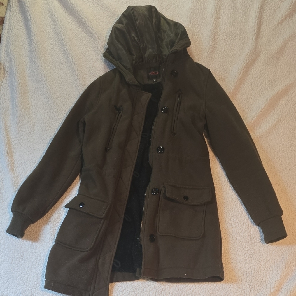 Army Green Hooded Coat with Button Details